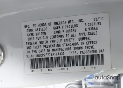 2011 Honda Accord 2.4 Ex z USA, uszkodzony, nr VIN 1HGCP2F77BA104430